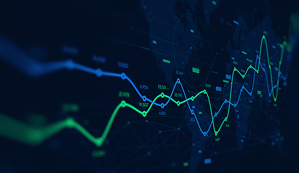Green and blue financial charts on digital screen with data points, to symbolize preferred equity and rising interest rates