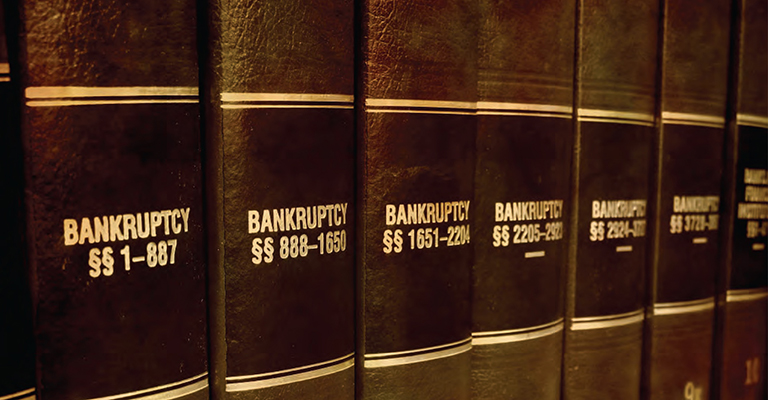 Close up on row of legal books containing bankruptcy codes and statutes