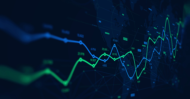 Green and blue financial charts on digital screen with data points, to symbolize preferred equity and rising interest rates