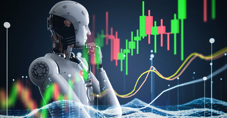 Robot with chart behind, to symbolize artificial intelligence in valuation