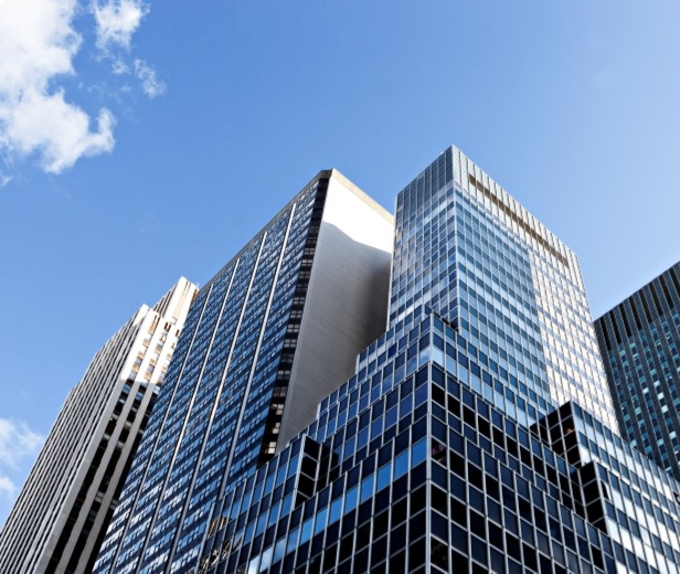 A view of a building that has multiple levels and facets.