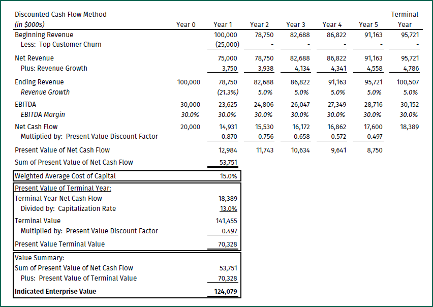 Table with company valuation scenario: 25% revenue concentration in a single departing customer